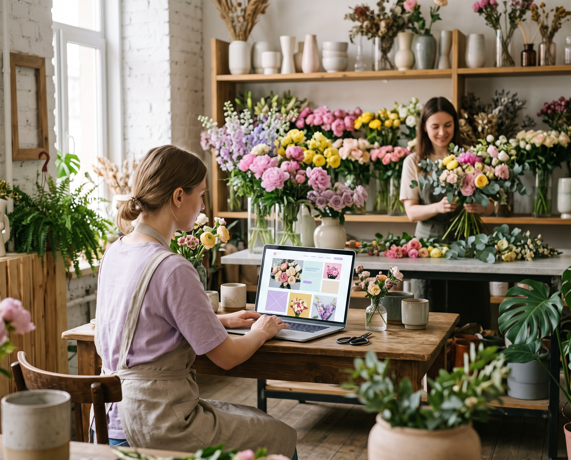A flower shop interior showing a florist working and a computer screen with a website interface, in a pastel color scheme.