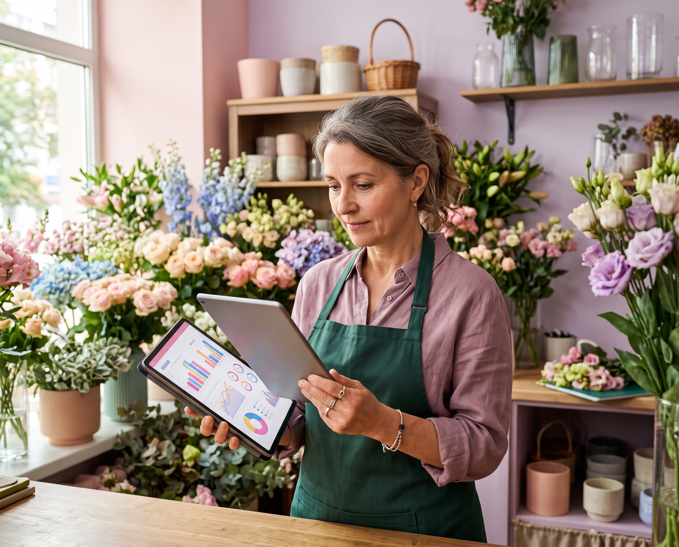 Flower shop owner analyzing customer data on a tablet in a pastel-colored shop.