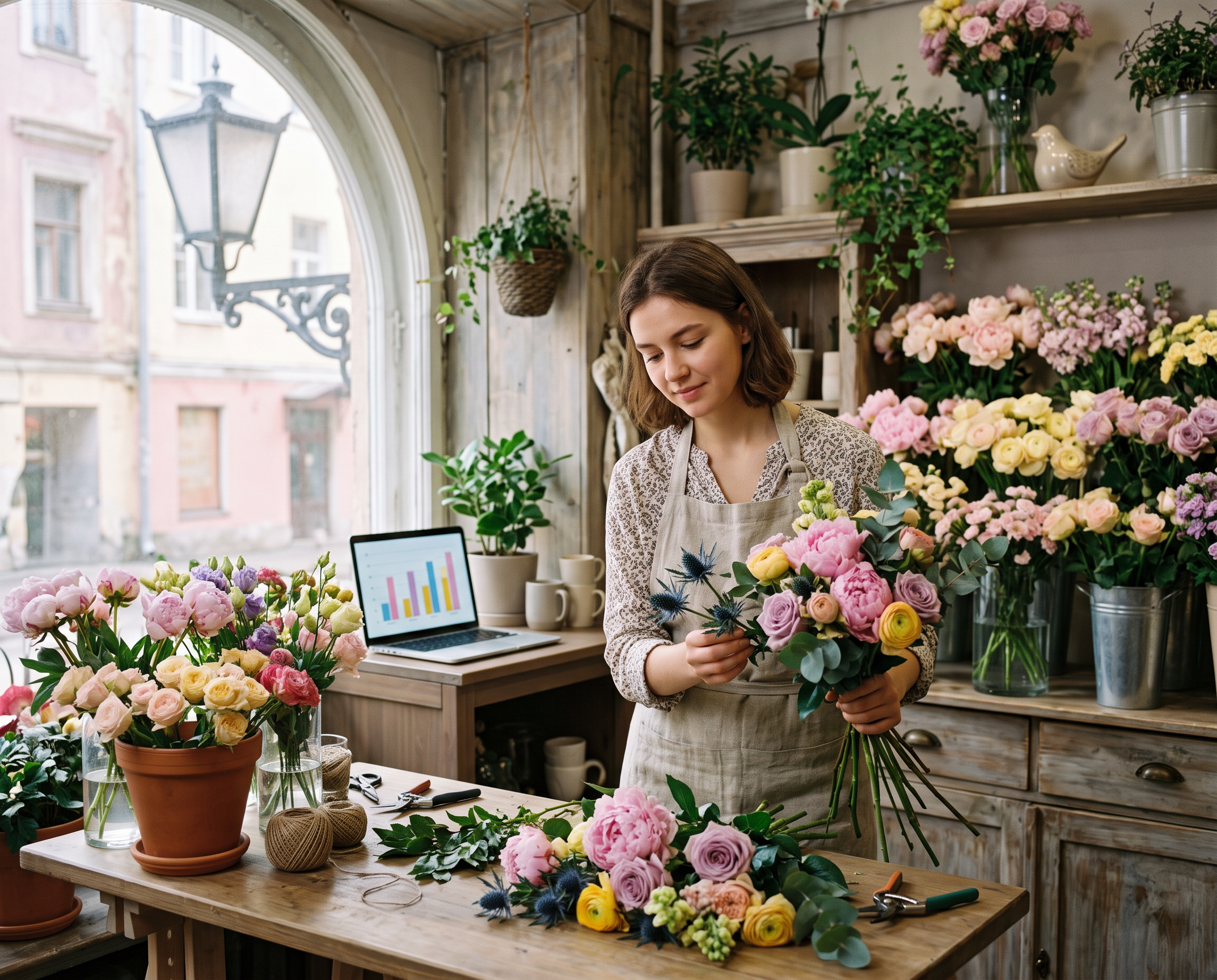 Florist arranging flowers in a shop with a laptop showing marketing analytics, in a pastel-colored, light-filled setting.